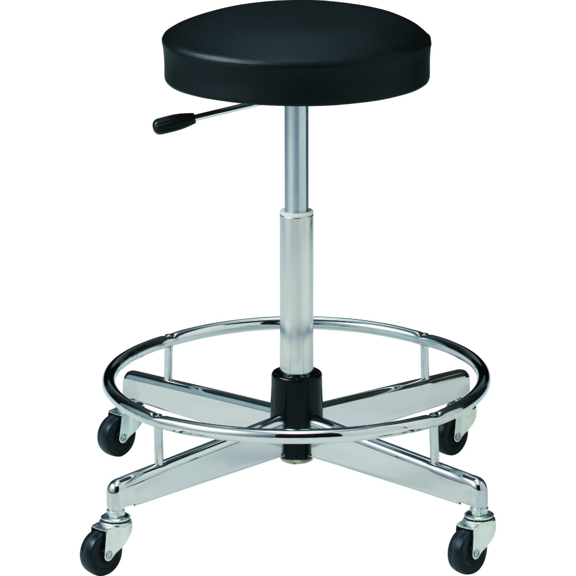 【椅子】ラボラトリーチェア 4本脚タイプ ハイ 背無 フットリング付 ゴムキャスター ビニールレザー 脚外径610